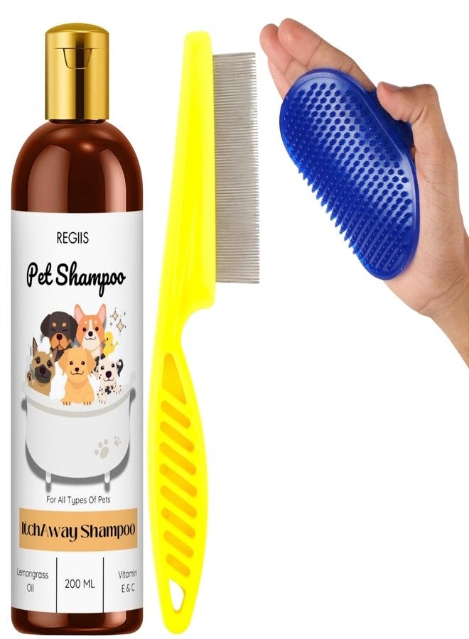 مجموعة شامبو الحيوانات الأليفة من ريجيس، تركيبة مضادة للحكة مع زيت عشبة الليمون، وفيتامينات E وC، 200 مل، تتضمن مشطًا للبراغيث وفرشاة تنظيف لجميع أنواع الحيوانات الأليفة (عبوة من 3 قطع) - Image 1